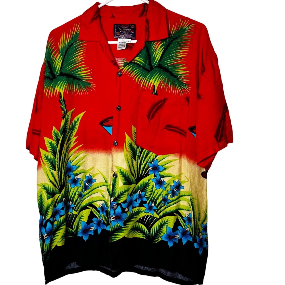 Basix Mens Hawaiian Shirt Red Tropical Palm‎ Tree Martini Glass Rayon Small